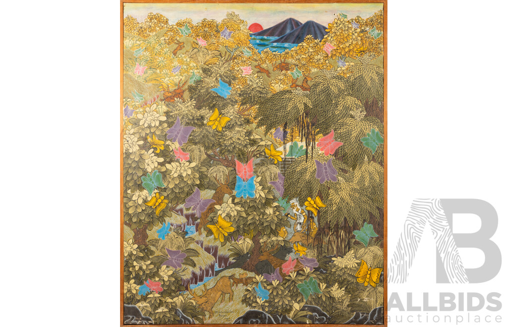 JMD Kendrowan, (20th Century, Balinese), Balinese Butterfly Hunting in Jungle, Original Vintage Handpainted Ink & Pigment on Canvas Cloth, 88.5 x 72 cm (frame)