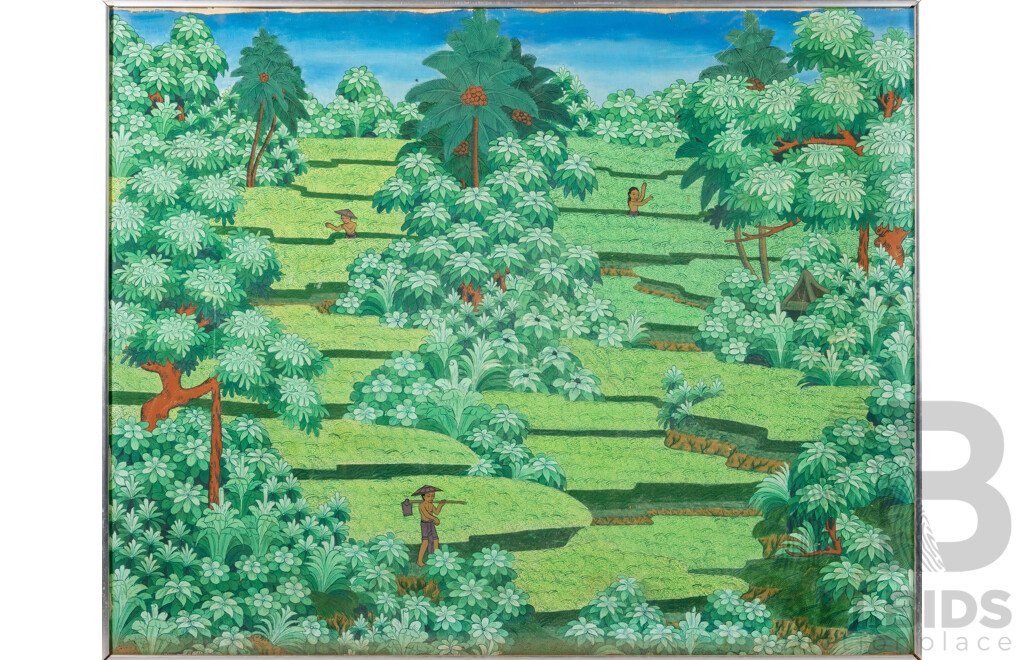Artist Unknown, (20th Century, Balinese), Workers in the Fields, Original Vintage Handpainted Ink & Pigment on Canvas Cloth Backed on Thin Wooden Panel, 67 x 82 cm (frame)