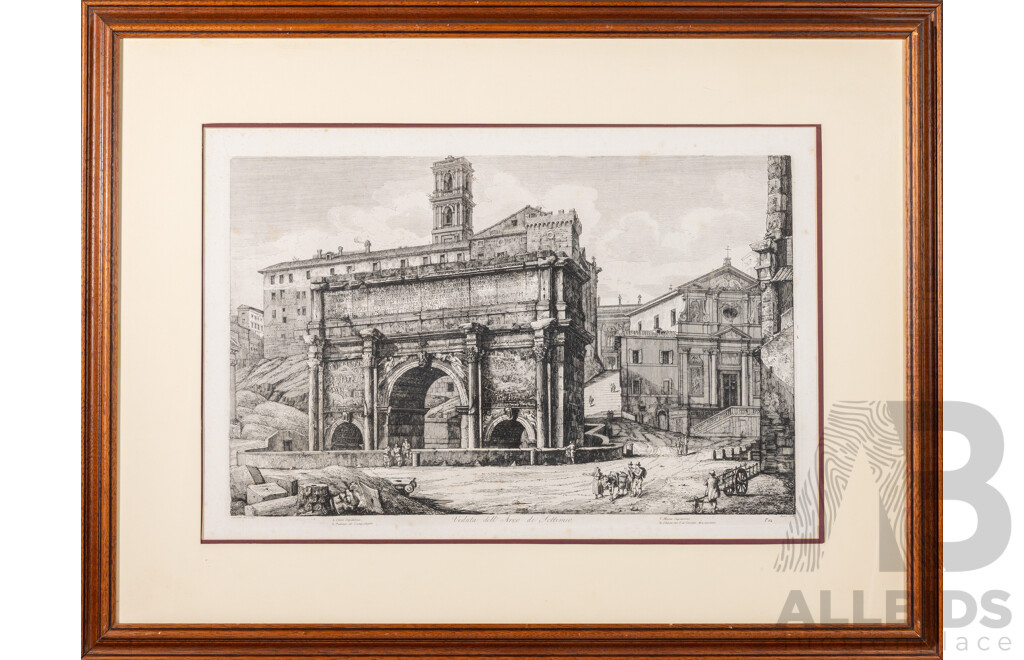 Luigi Rossini, (19th Century, Italian, 1790-1857), Veduta Dell Arco Di Settimio Severo], [View of the Arch of Septimius Severus], Original Etching Copy From Rossini's Antichita' Romane, 67 x 87 cm (frame)