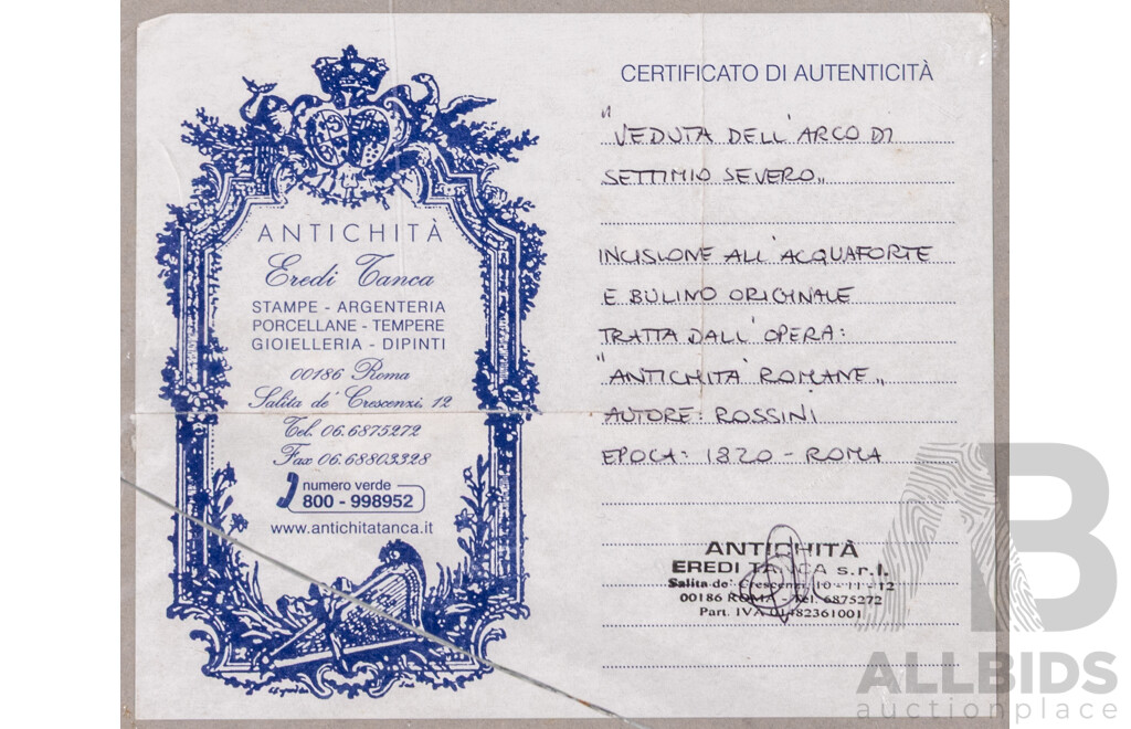 Luigi Rossini, (19th Century, Italian, 1790-1857), Veduta Dell Arco Di Settimio Severo], [View of the Arch of Septimius Severus], Original Etching Copy From Rossini's Antichita' Romane, 67 x 87 cm (frame)