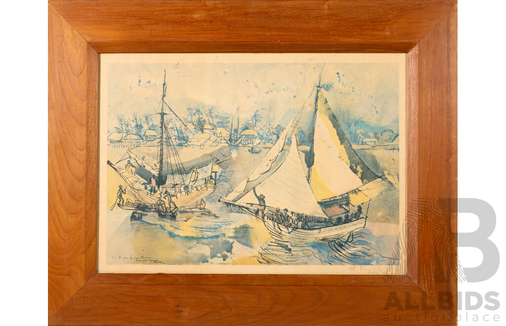 Donald Friend, (20th Century, Australian, 1915-1989), The Prahu From Nusa, Offset Vintage Lithograph A/P,  Signed and Dated, 62 x 79 cm (frame)