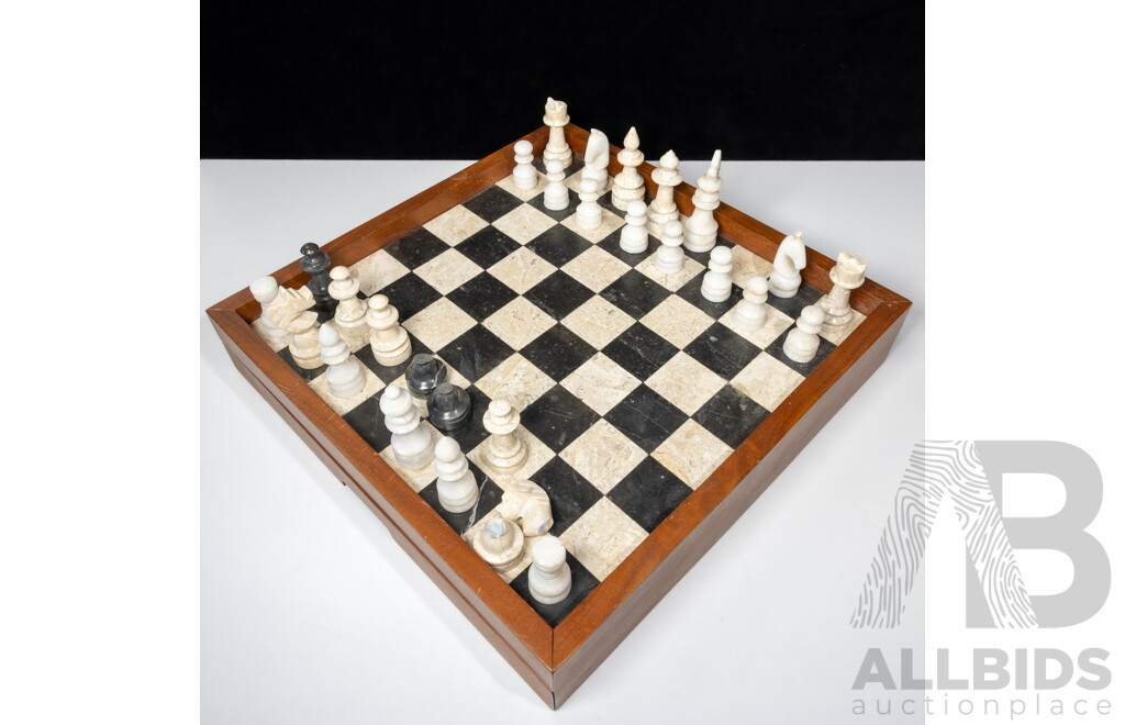 Vintage Marble and Wood Chess Set with Two Slide Out Drawers and  Full Set Marble Pieces and Some Extras