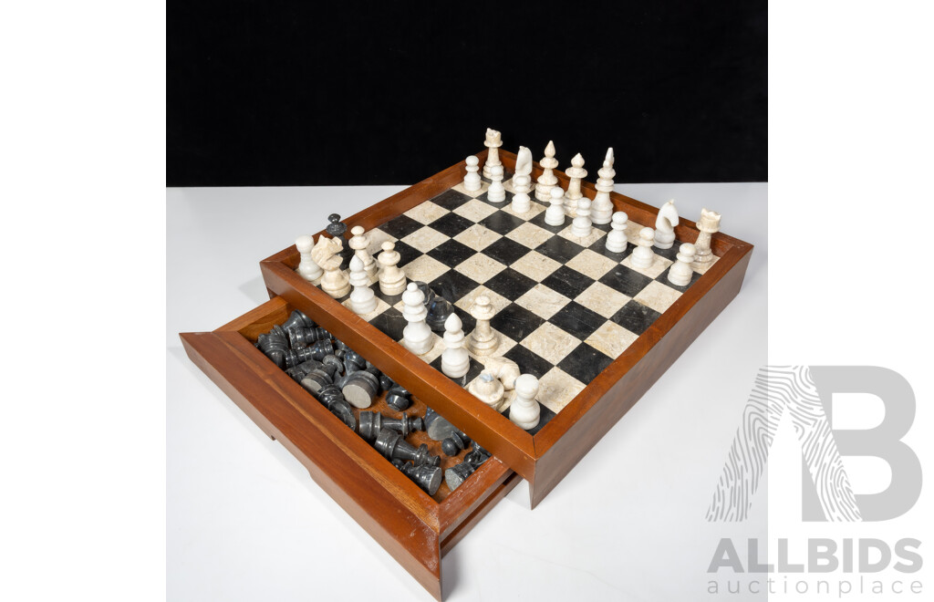 Vintage Marble and Wood Chess Set with Two Slide Out Drawers and  Full Set Marble Pieces and Some Extras