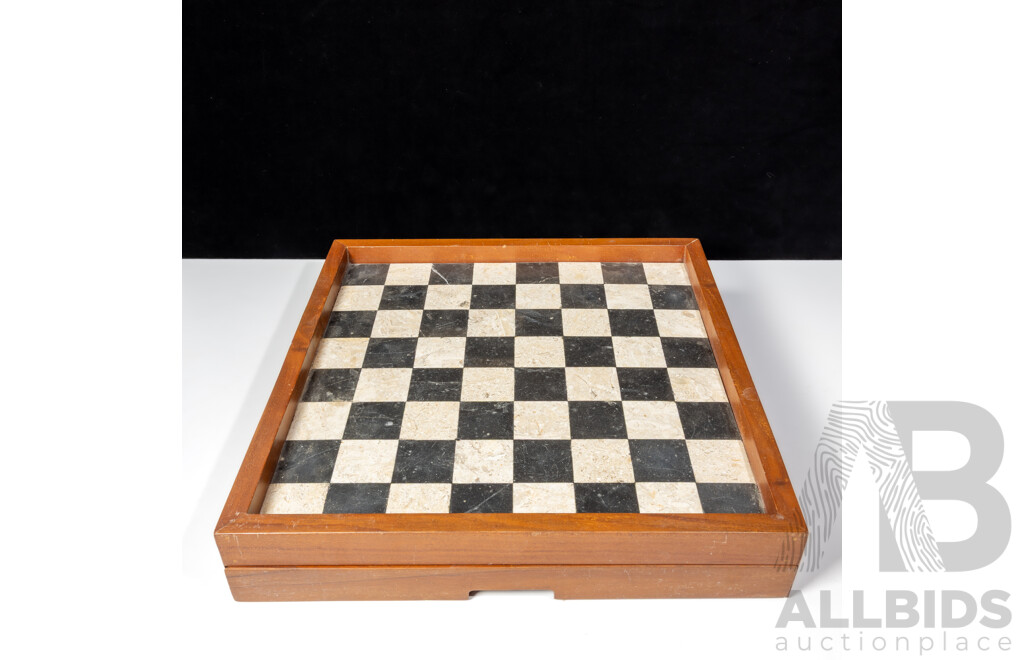 Vintage Marble and Wood Chess Set with Two Slide Out Drawers and  Full Set Marble Pieces and Some Extras