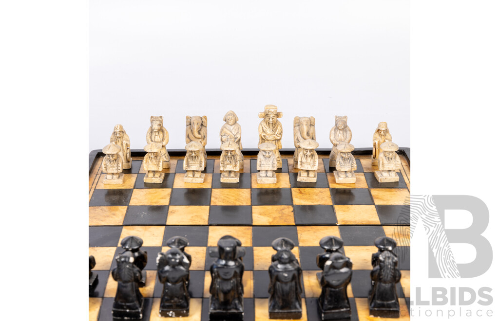 Vintage Wooden Chess Set with  Full Set Marble Pieces