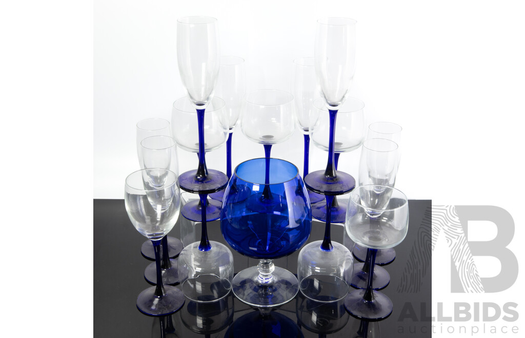 Collection 15 French Stemware with Blue Stems Along with Blue Glass Brandy Balloon