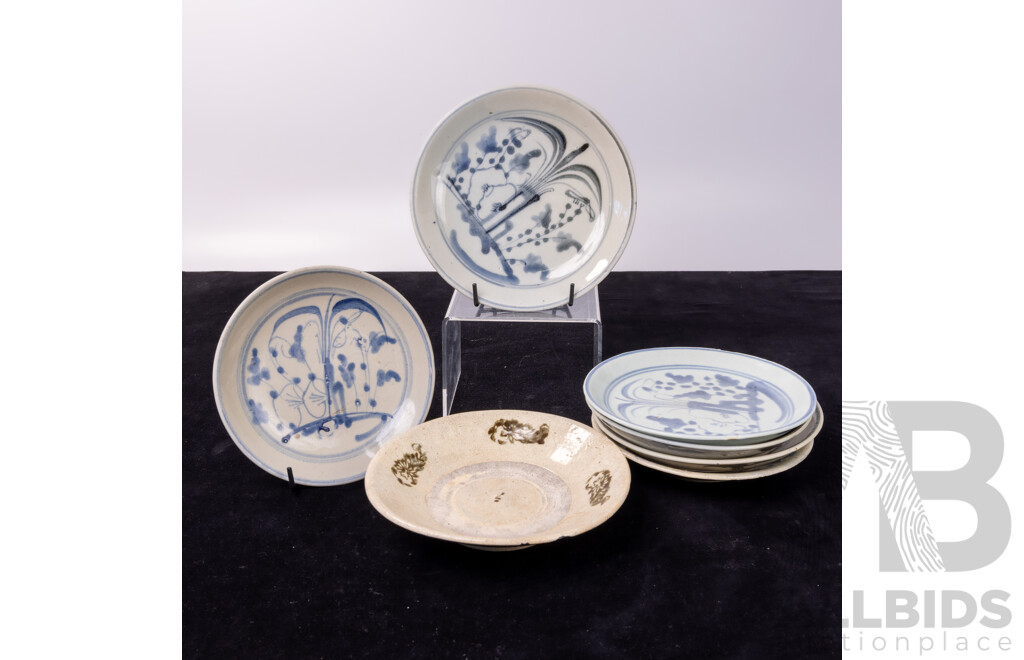 Collection Seven Antique Chinese Swatow Ware Blue and White Porcelain Plates
