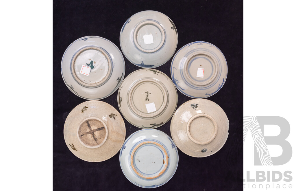Collection Seven Antique Chinese Swatow Ware Blue and White Porcelain Plates
