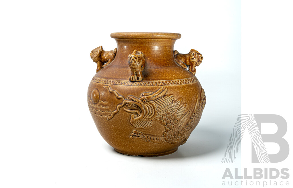 Vintage Asian Ceramic Pot with Applied Dragon Decoration and Four Lions to Top