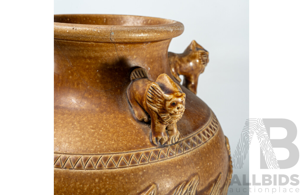 Vintage Asian Ceramic Pot with Applied Dragon Decoration and Four Lions to Top