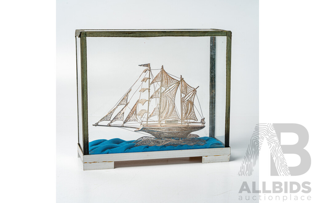 Vintage Indonesian Silver Filigree Boat in Glass Case