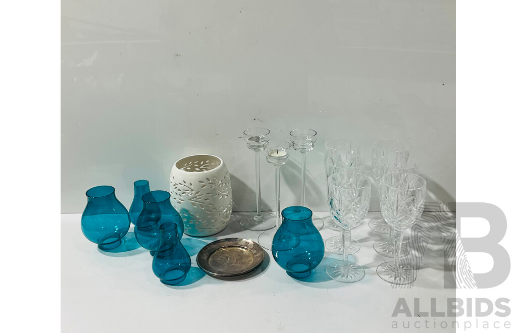 Collection Home Decorator Pieces Including Silver Plate, Blue Glass and More