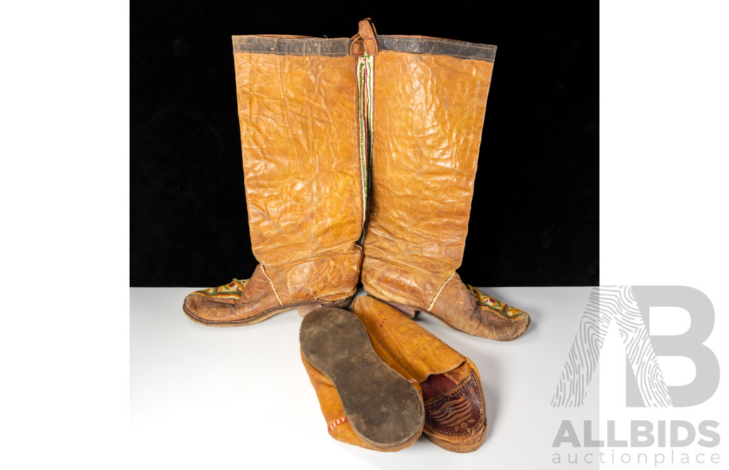Vintage Pair Leather Mexican Cowboy Boots with Embroidered Decoration Along with Pair Leather Middle Eastern Slippers