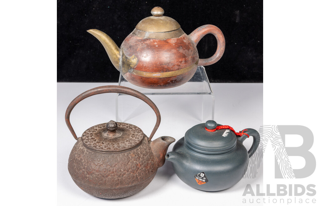 Collection Three Asian Teapots Including Chinese Yi Xing Example, Japanese Iron Example and More
