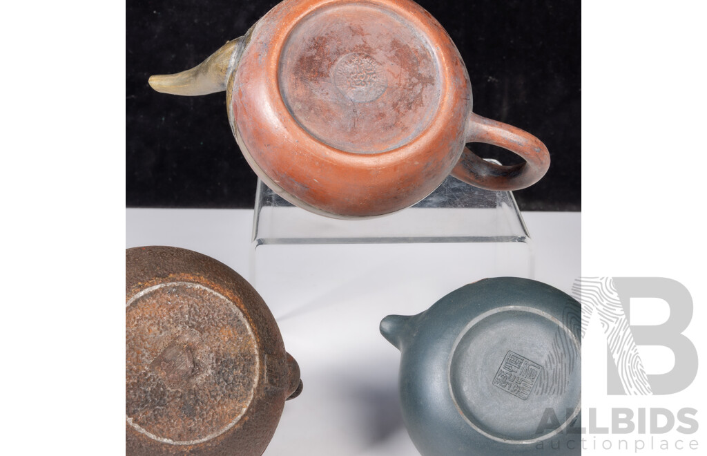 Collection Three Asian Teapots Including Chinese Yi Xing Example, Japanese Iron Example and More