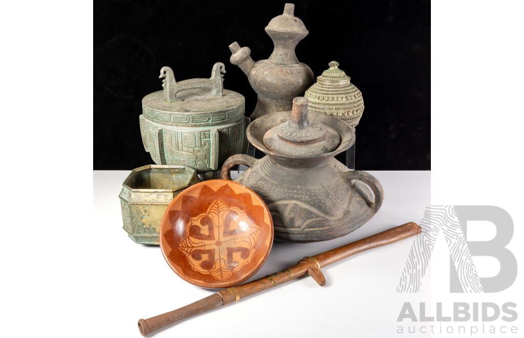 Collection Asian Items Including Archaistic Style Tripod Footed Censer, Vintage Pottery Kendi, Vintage Pottery Lidded Sago Dish and More