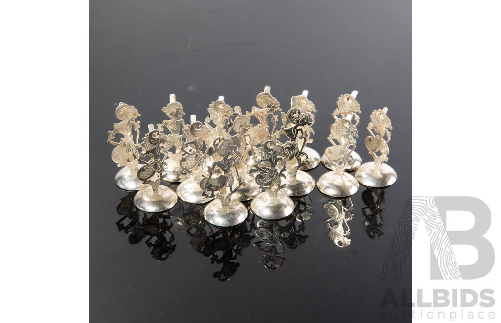 Set 14 Vintage Indonesian .800 Silver Place Card Holders with Traditional Theme