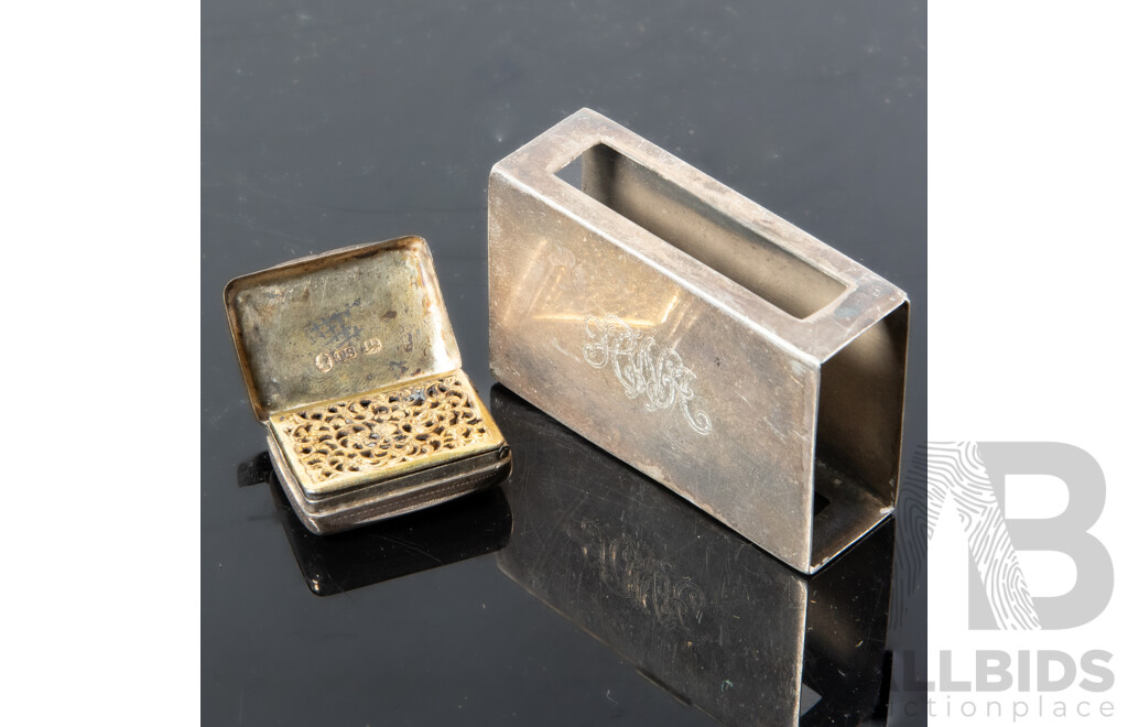 Antique Sterling Silver Vinaigrette, Sterling Silver Matchbox Case with Engraved Monogram