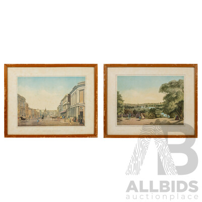 Francois Cogne, (19 C., French,1829-1883) & Charles Troedel, Botanical Gardens (1863) & Collins Street, Pair of Vintage Colour Hand Numbered Prints From Original Lithographs (1968) 40 x 50 cm (frames) (2)