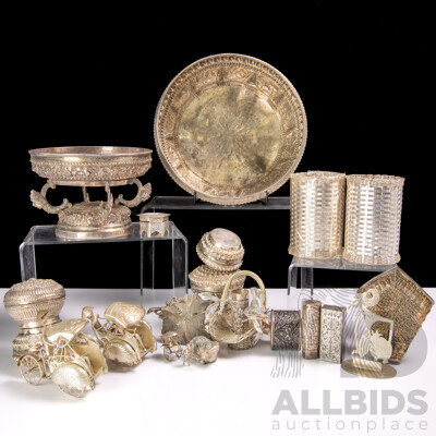 Large Collection Vintage and Other White Metal Mostly Asian Pieces Including Repousse Examples, Souvenir Ware and More