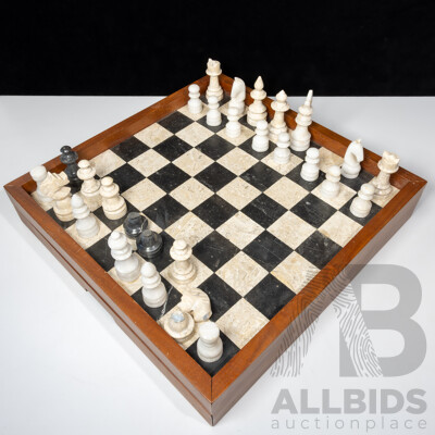 Vintage Marble and Wood Chess Set with Two Slide Out Drawers and  Full Set Marble Pieces and Some Extras