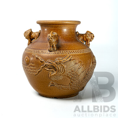 Vintage Asian Ceramic Pot with Applied Dragon Decoration and Four Lions to Top