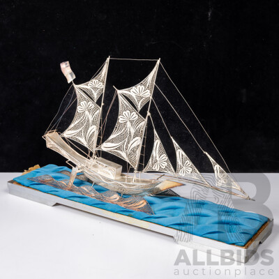 Vintage Indonesian Silver Plate Filigree Boat in Glass Case