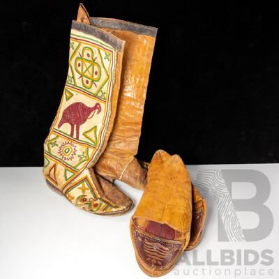 Vintage Pair Leather Mexican Cowboy Boots with Embroidered Decoration Along with Pair Leather Middle Eastern Slippers