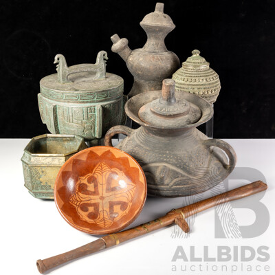 Collection Asian Items Including Archaistic Style Tripod Footed Censer, Vintage Pottery Kendi, Vintage Pottery Lidded Sago Dish and More