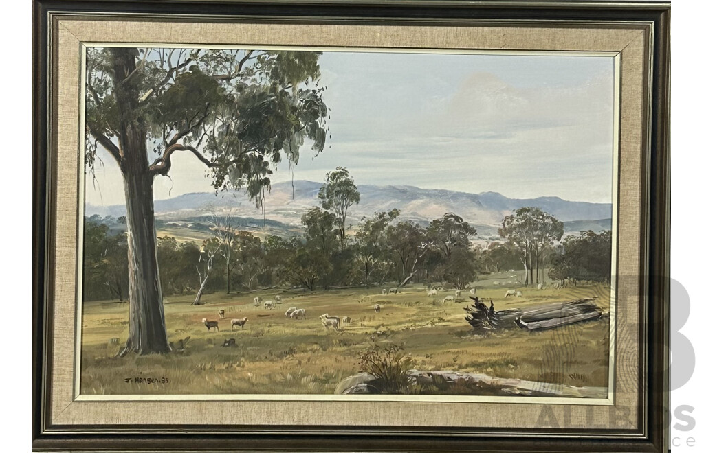 John Hansen, (20th Century, Australian, 1953-), Sheep Grazing (1985), Oil on Canvas Board, 66 X 91 Cm (frame)