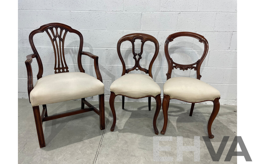 Victorian Style Side Chair, Armchair and Balloon Back Chair - Lot of 3
