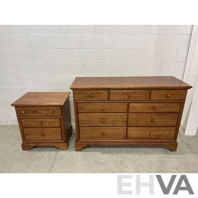 Solid Wood 7 Drawer Dresser and Bedside Table with 3 Drawers - Lot of 2