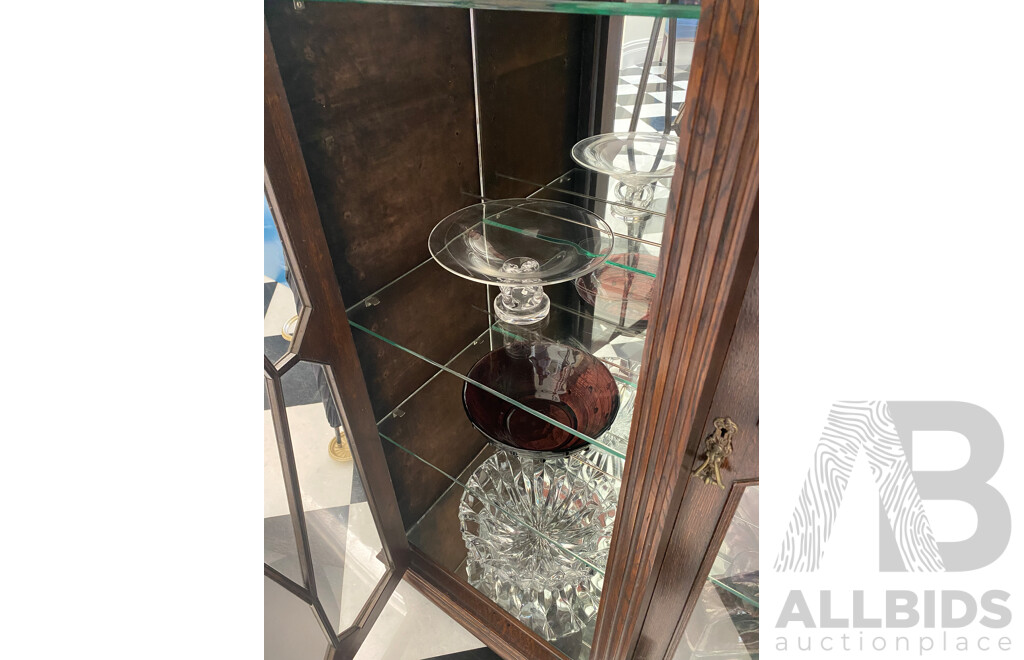 Antique Solid Oak Wood & Glass 3 Doors Display Cabinet with Carved Detail  