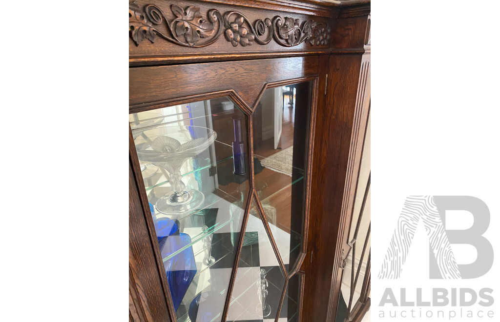 Antique Solid Oak Wood & Glass 3 Doors Display Cabinet with Carved Detail  