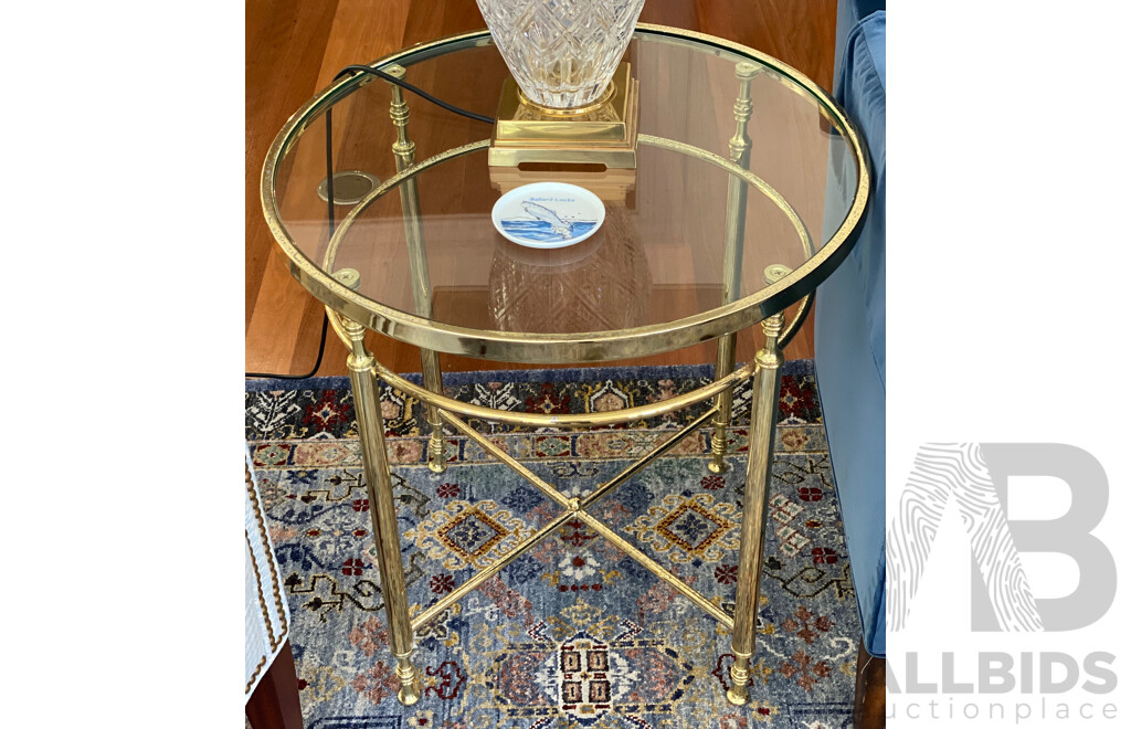Pair of Small Round Brass Glass Coffee Table 
