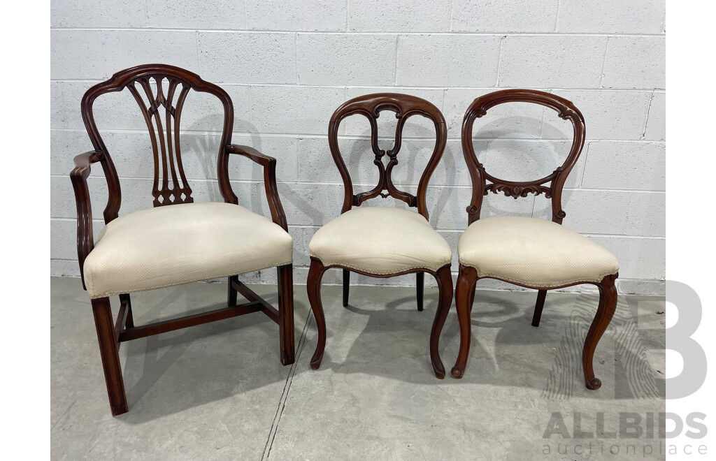 Victorian Style Side Chair, Armchair and Balloon Back Chair - Lot of 3