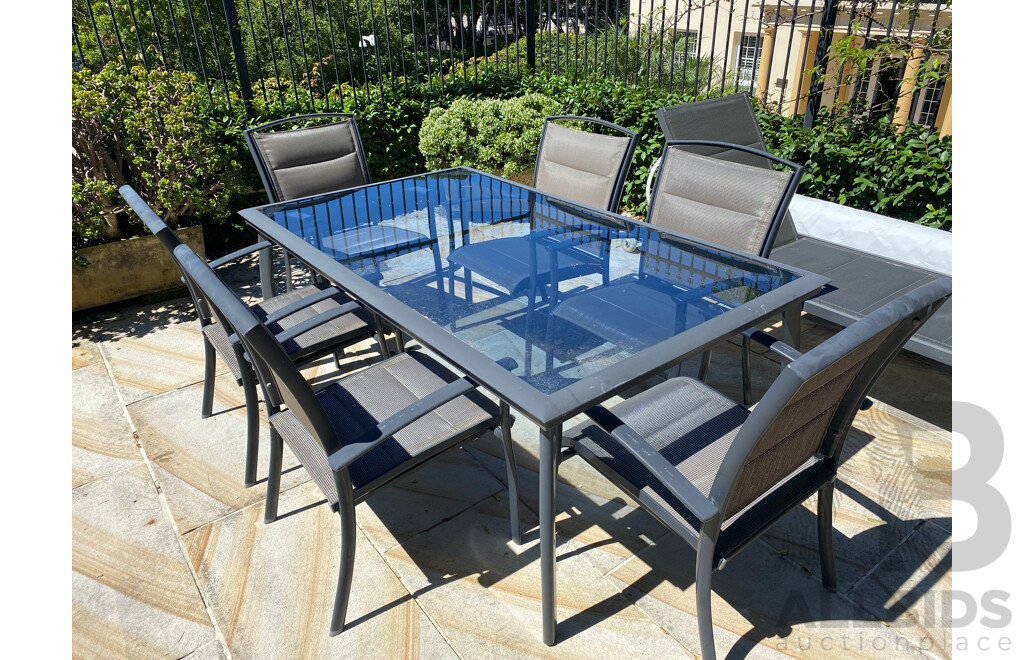 Modern 7 Piece Alloy Outdoor Dining Setting - Glass Top Table and 6 Chairs 