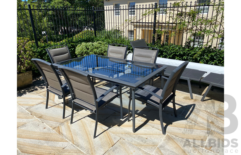 Modern 7 Piece Alloy Outdoor Dining Setting - Glass Top Table and 6 Chairs 