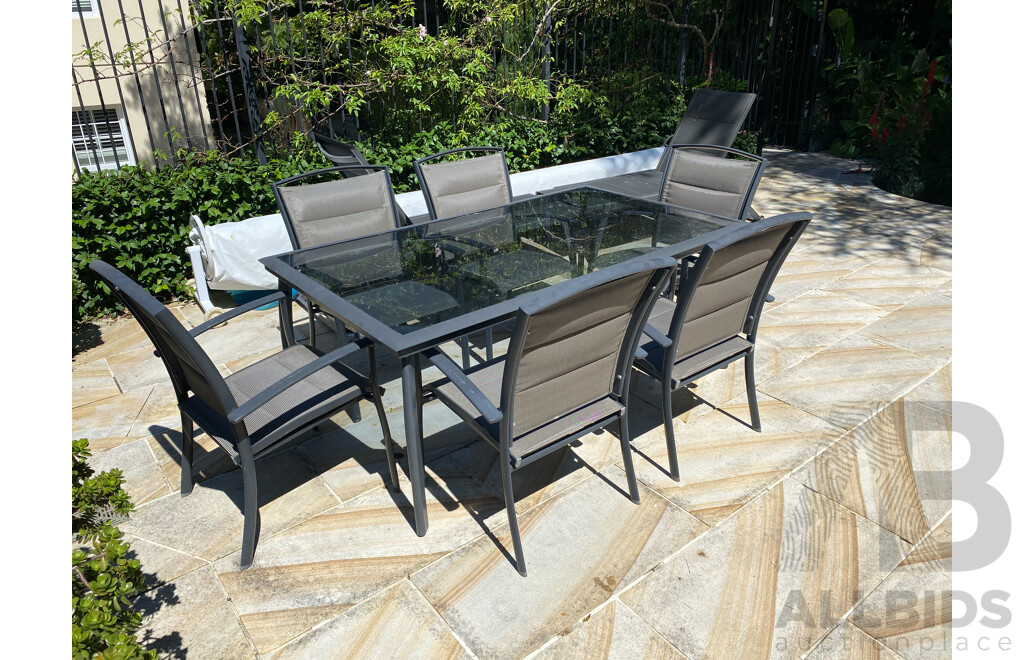 Modern 7 Piece Alloy Outdoor Dining Setting - Glass Top Table and 6 Chairs 