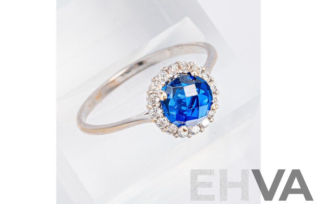 18ct White Gold Sapphire & Diamond Halo Ring, S1.0CT/TDW0.25CT, Size O, 1.93 Grams