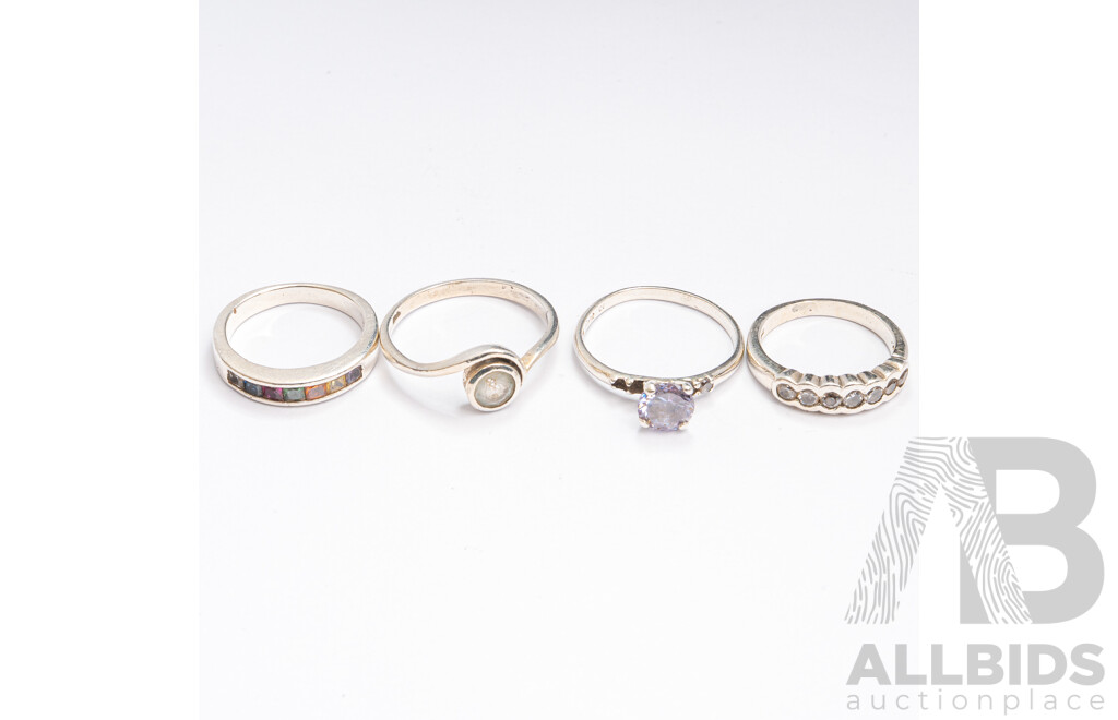 Collection of (4) Sterling Silver Gemstone Rings, Sizes I, K, O & P,  8.58 Grams