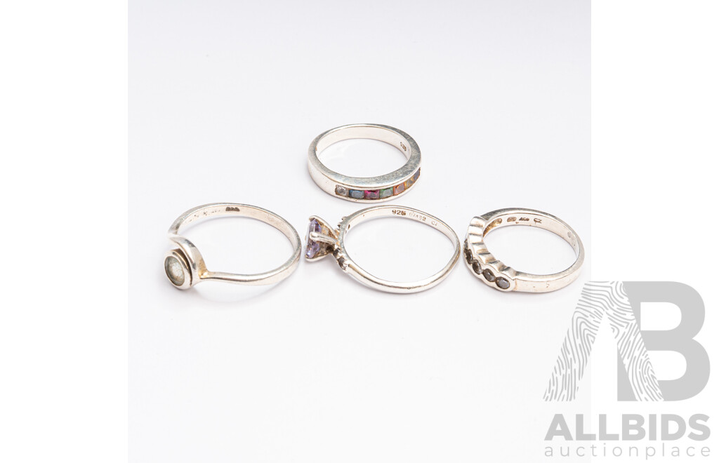 Collection of (4) Sterling Silver Gemstone Rings, Sizes I, K, O & P,  8.58 Grams