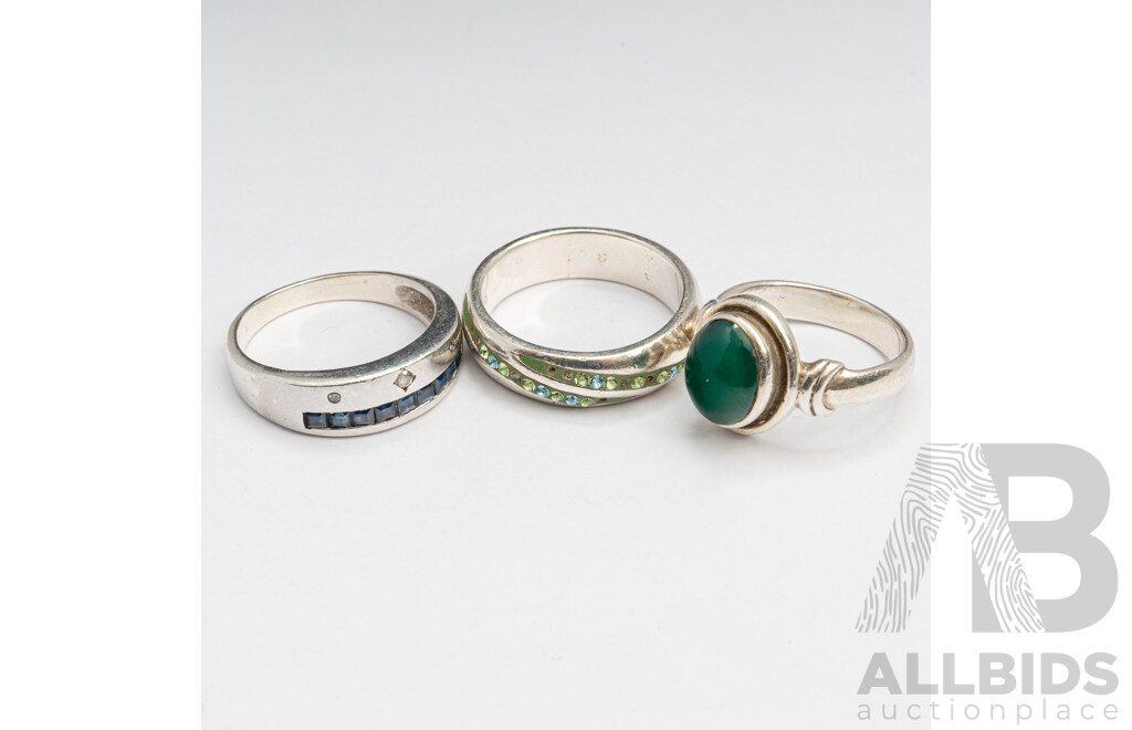Vintage Sterling Silver Sapphire & Diamond Ring, SS Peridot & Topaz Ring & SS Green Onyx Ring, 13.30 Grams