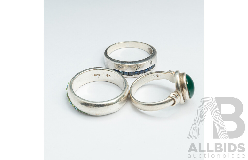 Vintage Sterling Silver Sapphire & Diamond Ring, SS Peridot & Topaz Ring & SS Green Onyx Ring, 13.30 Grams
