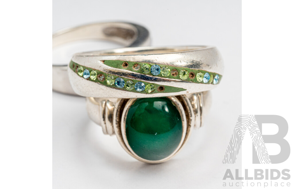 Vintage Sterling Silver Sapphire & Diamond Ring, SS Peridot & Topaz Ring & SS Green Onyx Ring, 13.30 Grams
