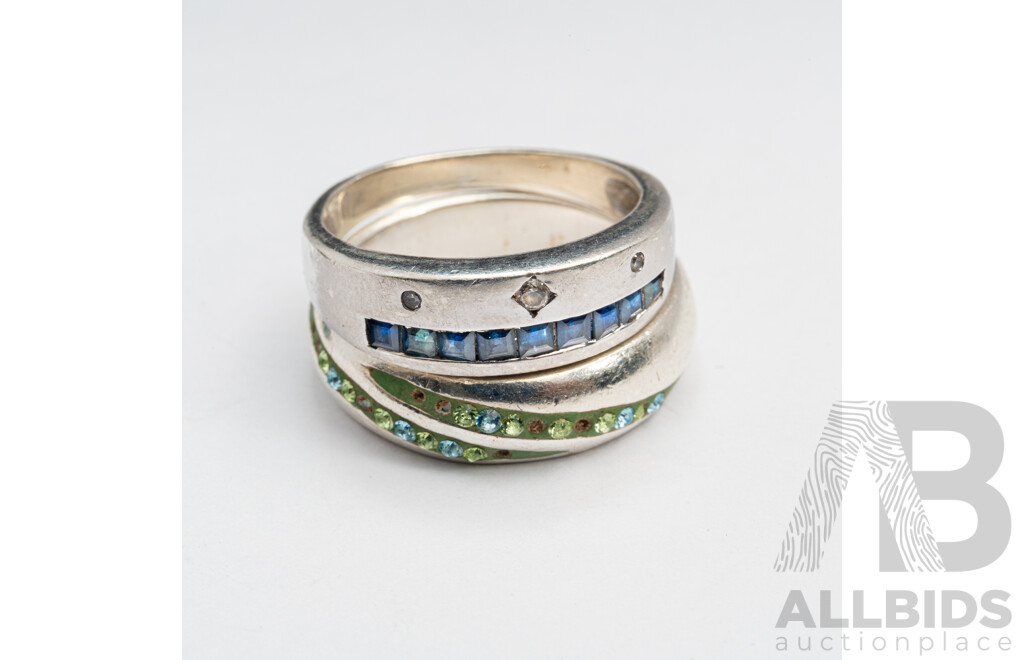 Vintage Sterling Silver Sapphire & Diamond Ring, SS Peridot & Topaz Ring & SS Green Onyx Ring, 13.30 Grams