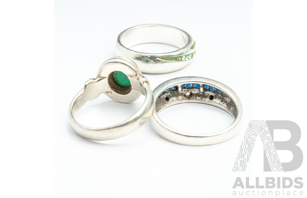 Vintage Sterling Silver Sapphire & Diamond Ring, SS Peridot & Topaz Ring & SS Green Onyx Ring, 13.30 Grams
