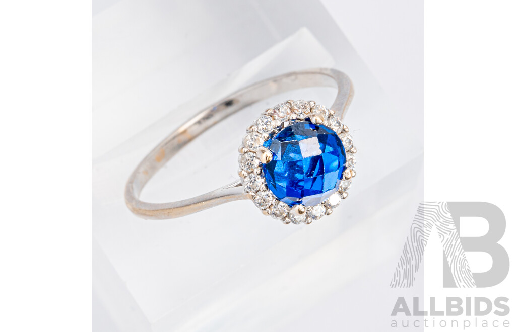 18ct White Gold Sapphire & Diamond Halo Ring, S1.0CT/TDW0.25CT, Size O, 1.93 Grams