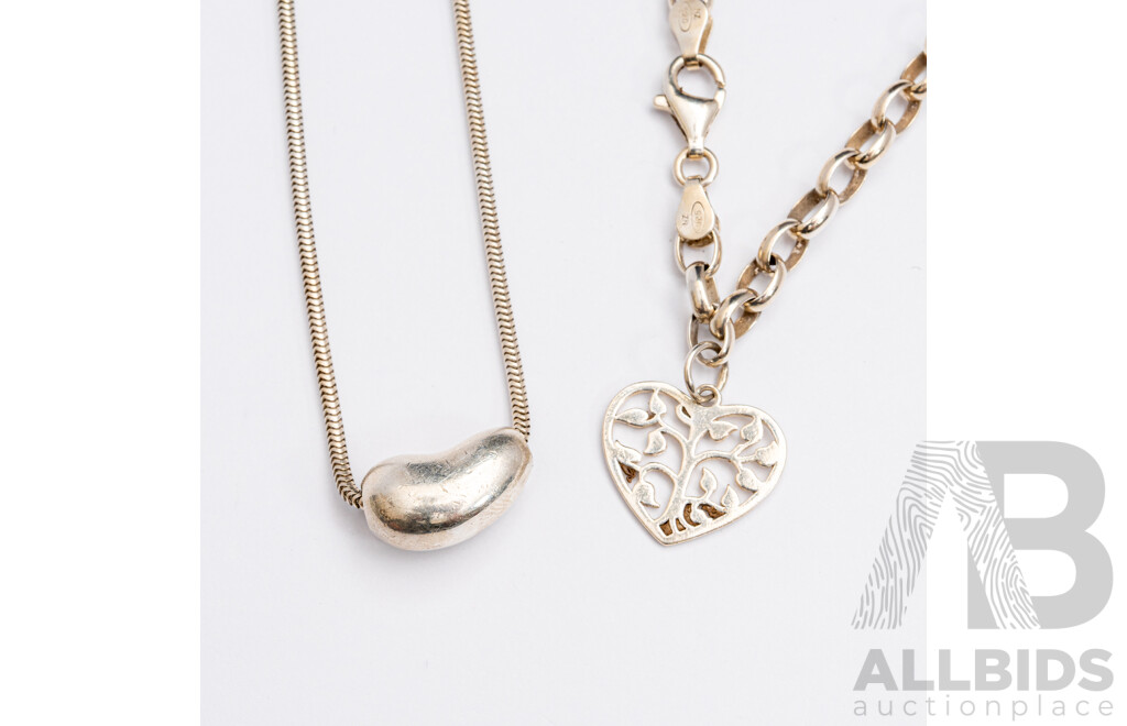 Sterling Silver Bean Shaped Slider Pendant on Snake Chain & SS Bracelet with Tree of Life Heart Charm, 16.79 Grams
