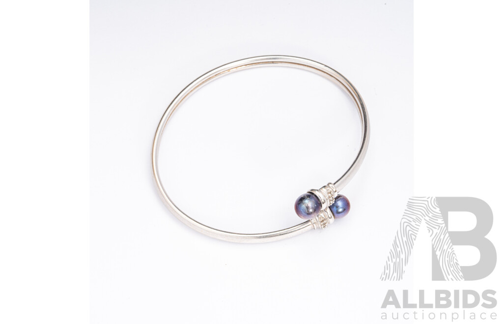 10ct White Gold Diamond Set Tahitian Pearl Wrap Cuff Bangle, TDW 0.03CT, 62mm, 5.78 Grams